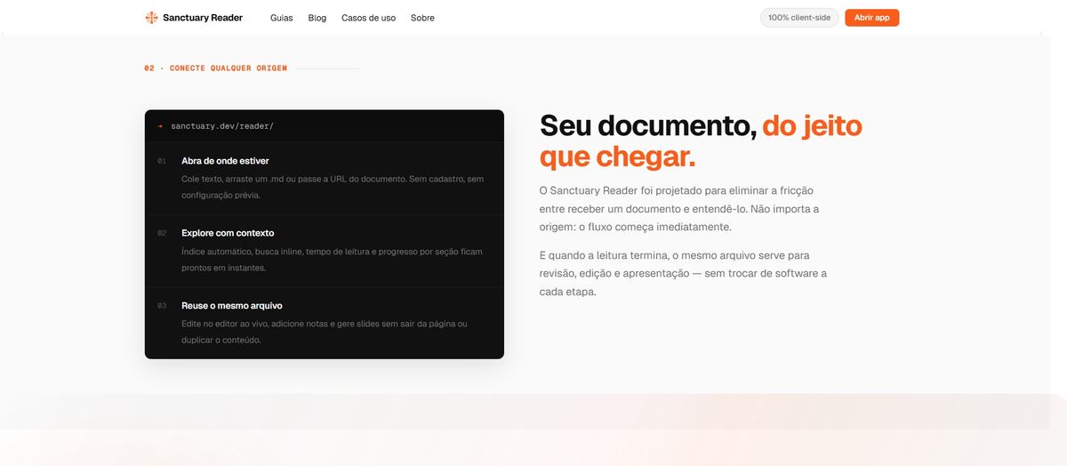 Interface do Sanctuary Reader com preview Markdown online