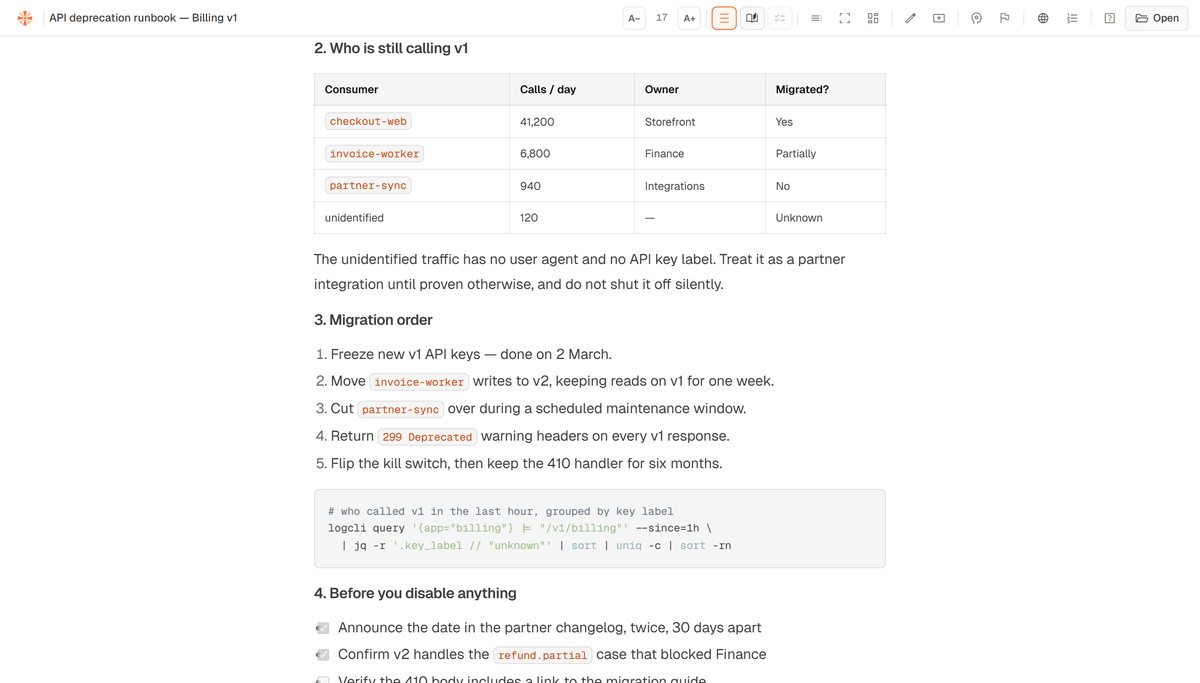 A long technical document open in the reader, with its table, code block and checklist rendered and held to a fixed reading measure — where any of the four tools hands off to.